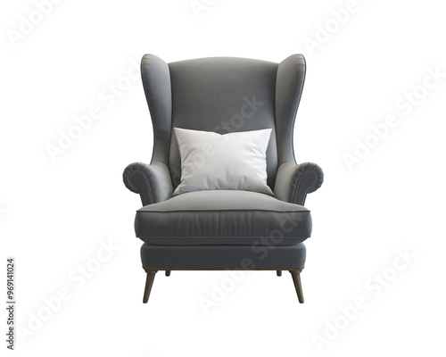 Elegant gray armchair with white cushion on transparent background