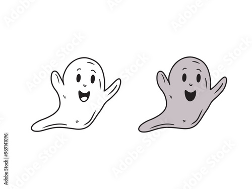 Cute nice smiling grey ghost spook in black isolated on white background. Hand drawn vector sketch illustration in doodle engraved vintage line art style. Happy Halloween symbol horror, coloring book