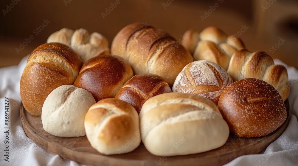 A close-up of a variety of bread rolls arranged on a serving platter, showcasing different types like ciabatta, brioche, and whole wheat, with a soft, warm light. A close-up of a variety of bread rolls arranged on a serving platter, showcasing different types like ciabatta, brioche, and whole wheat, with a soft, warm light.