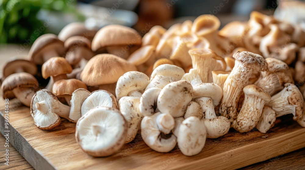A close-up of a variety of fresh mushrooms on a wooden cutting board, showcasing their different shapes and textures in natural light A close-up of a variety of fresh mushrooms on a wooden cutting board, showcasing their different shapes and textures in natural light