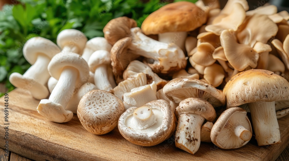 A close-up of a variety of fresh mushrooms on a wooden cutting board, showcasing their different shapes and textures in natural light A close-up of a variety of fresh mushrooms on a wooden cutting board, showcasing their different shapes and textures in natural light