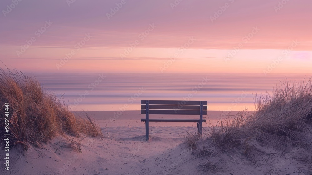 A Scenic Beach Bench at Sunset with Soft Colors and Gentle Waves in the Background A Scenic Beach Bench at Sunset with Soft Colors and Gentle Waves in the Background