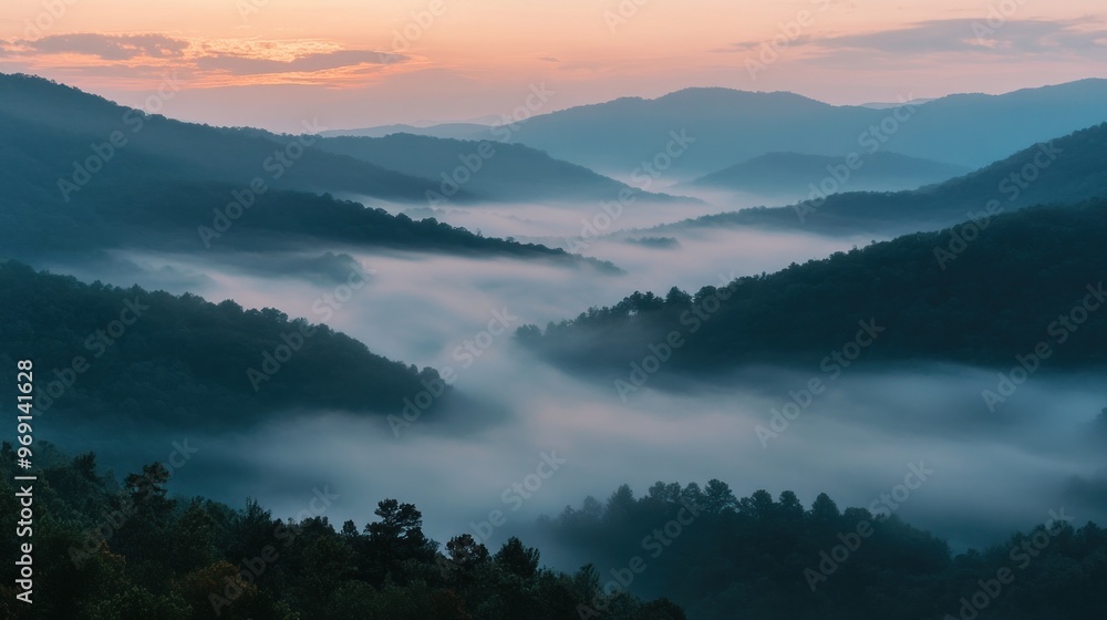 Serene mountain landscape at dawn with mist enveloping the valleys. Serene mountain landscape at dawn with mist enveloping the valleys.
