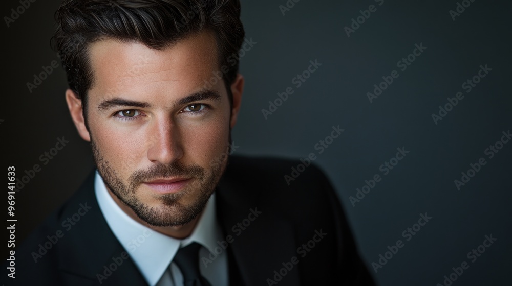 A man in a suit and tie is standing in front of a dark background A man in a suit and tie is standing in front of a dark background