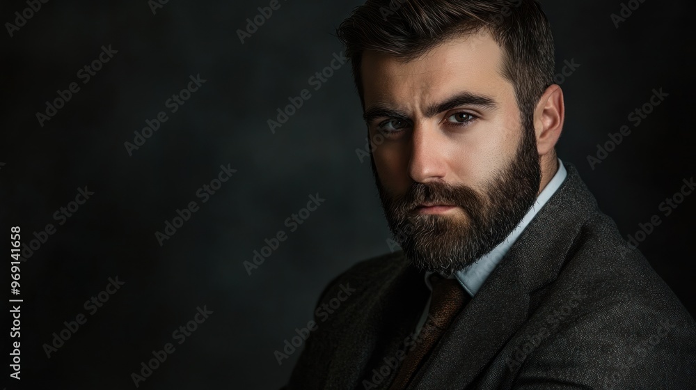 Fototapeta premium A serious man in a suit with a well-groomed beard, set against a dark background.