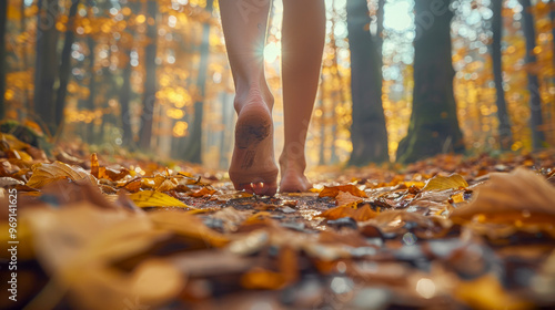 Autumn Walk: Barefoot Among Fallen Leaves in Forest at Sunset photo