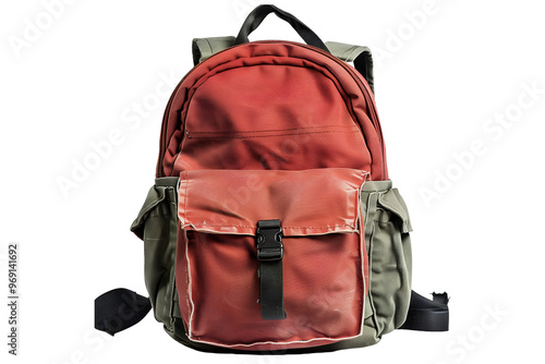 A worn leather travel backpack cut out photo