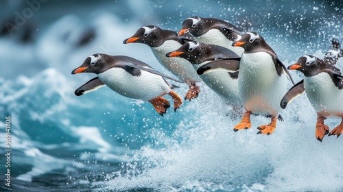 A group of penguins leaps out of the ocean, showcasing their agility and playful nature.