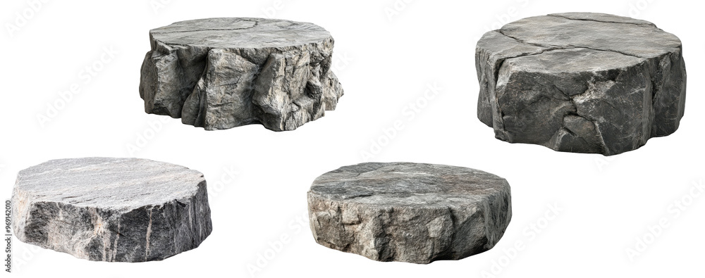 Set of Stone round podium made of rock, isolated on transparent background, minimalist display