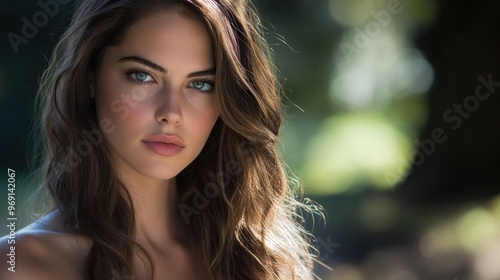 A woman with long brown hair and a blue eye