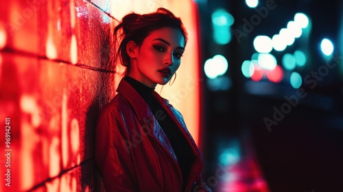 Wallpaper Mural A stylish woman poses against a vibrant, illuminated wall at night, showcasing urban fashion. Torontodigital.ca