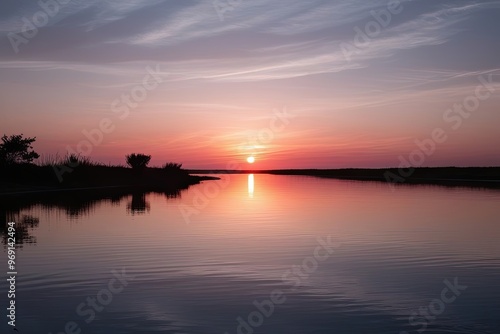 Tranquil Sunset Reflection on Calm Waters with Isolated Scenic Background