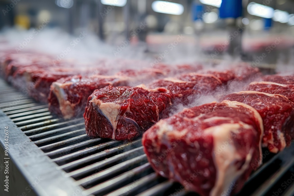 Raw Steaks Grilling on a Metal Rack with Steam Rising Raw Steaks Grilling on a Metal Rack with Steam Rising