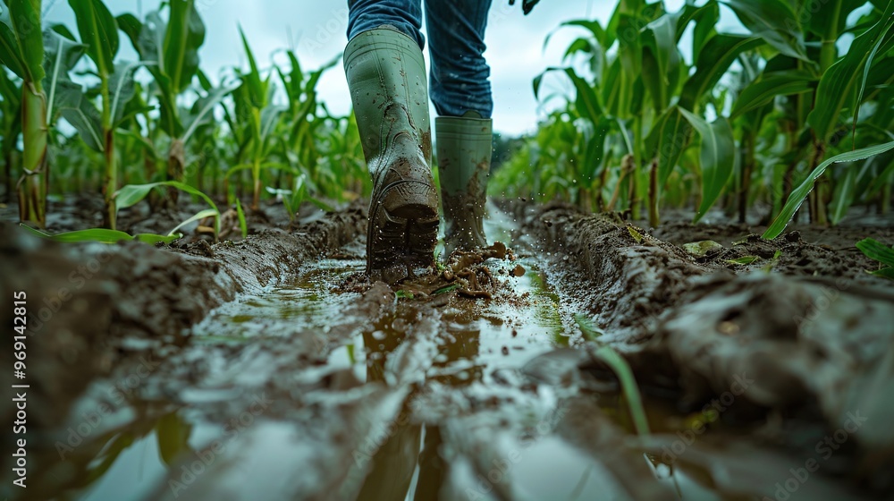 farmer navigating through a flooded corn field in muddy conditions capturing the impact of water damage on countryside crops and the challenges of rural agriculture farmer navigating through a flooded corn field in muddy conditions capturing the impact of water damage on countryside crops and the challenges of rural agriculture
