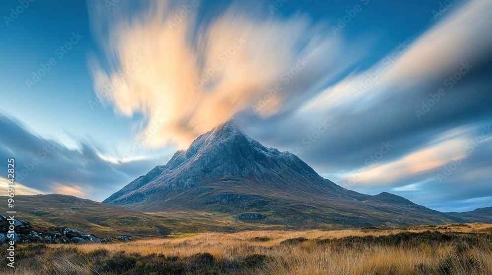 A majestic mountain surrounded by dynamic clouds and golden grassland at dusk. A majestic mountain surrounded by dynamic clouds and golden grassland at dusk.
