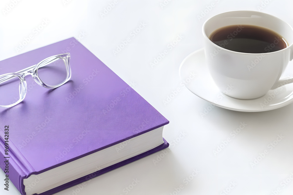 A purple mock up book with transparent glasses and a white cup of coffee on white table. Free copy space for text
