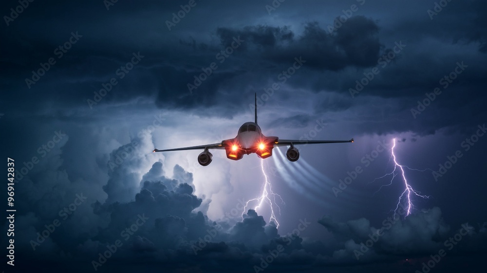 Jet Navigating a Thunderstorm with Lightning in the Distance Jet Navigating a Thunderstorm with Lightning in the Distance