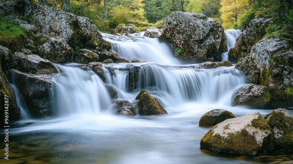 A serene waterfall cascades over rocks in a lush, green landscape, showcasing nature's beauty. A serene waterfall cascades over rocks in a lush, green landscape, showcasing nature's beauty.