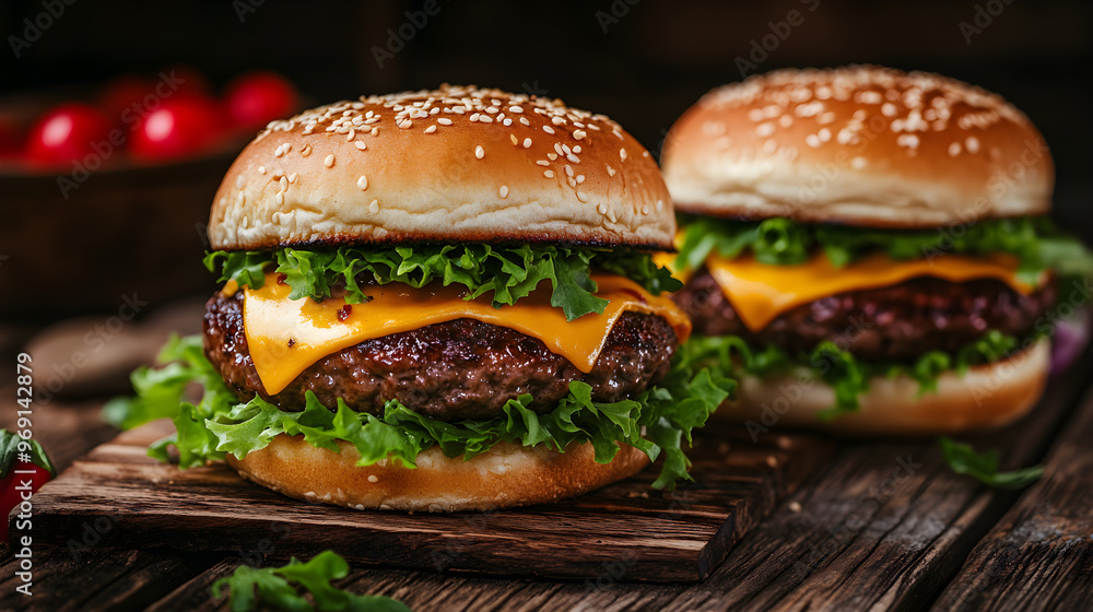 Close-Up of Delicious Juicy Cheeseburgers with Lettuce, Tomato, and Pickles. Ai generative. Close-Up of Delicious Juicy Cheeseburgers with Lettuce, Tomato, and Pickles. Ai generative.