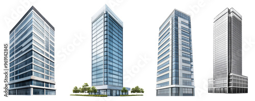 Set of Realistic images of a tall office building, isolated on a transparent background