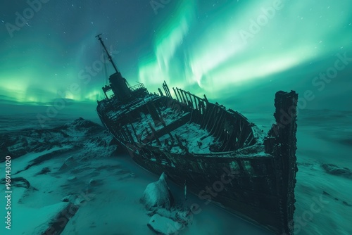 The Skeletal Remains of a Shipwreck Under Vibrant Auroras photo