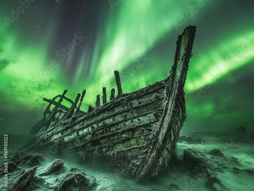 The Skeletal Remains of a Shipwreck Under Vibrant Auroras photo