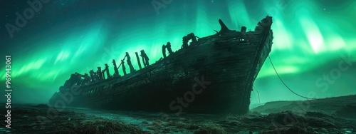 The Skeletal Remains of a Shipwreck Under Vibrant Auroras photo