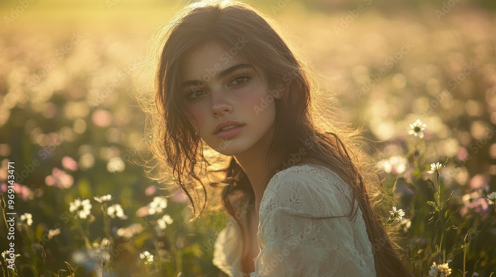 A young woman gazes thoughtfully in a sunlit flower field, embodying serenity and beauty. A young woman gazes thoughtfully in a sunlit flower field, embodying serenity and beauty.