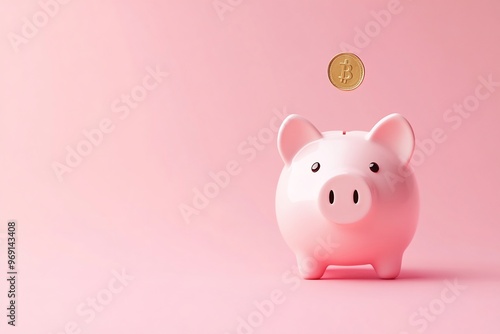 a cute piggy bank with a coin falling on a pink background