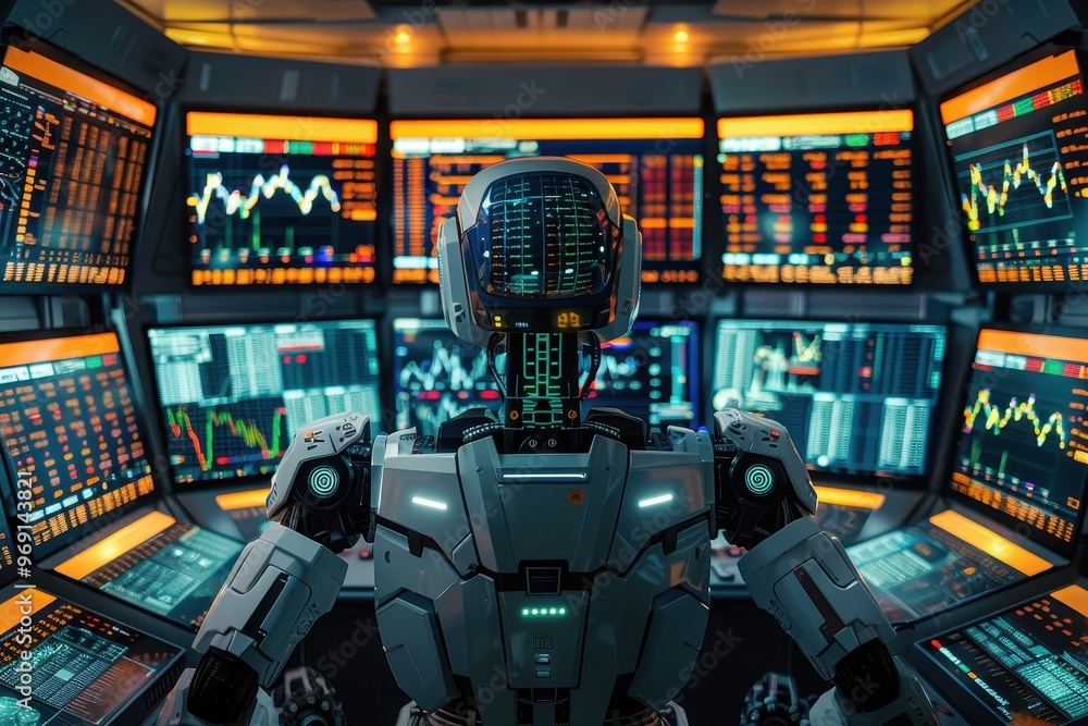 A robot is sitting in front of a computer monitor with a lot of numbers on it A robot is sitting in front of a computer monitor with a lot of numbers on it