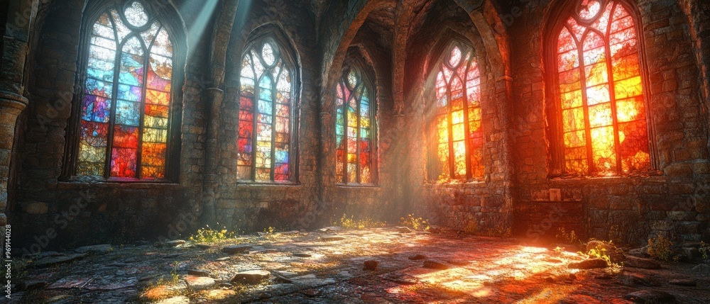 Fototapeta premium Sunbeams Illuminating a Ruined Stone Church with Stained Glass Windows