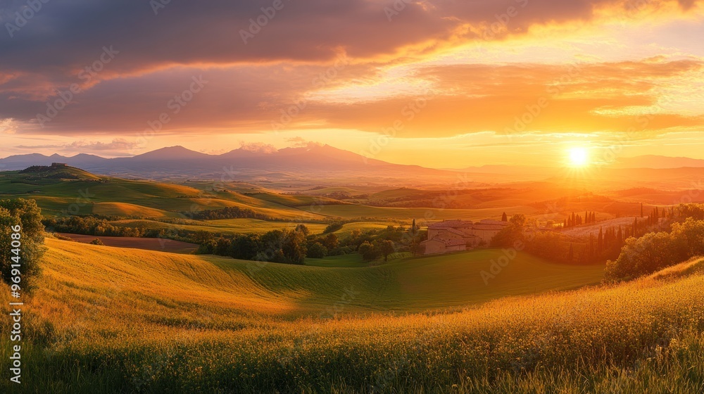 A serene sunset over rolling hills and mountains, highlighting nature's beauty. A serene sunset over rolling hills and mountains, highlighting nature's beauty.