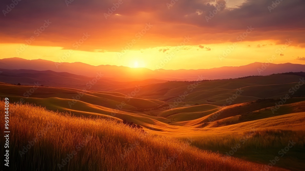 A serene sunset over rolling hills, casting warm hues across the landscape. A serene sunset over rolling hills, casting warm hues across the landscape.