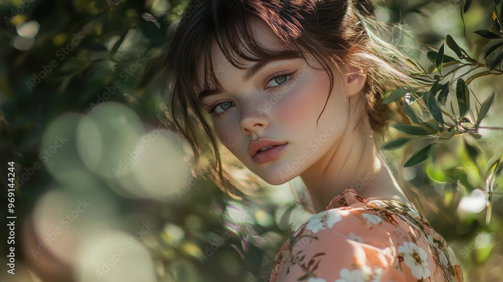 Fototapeta premium A young woman with a serene expression surrounded by greenery, showcasing natural beauty.