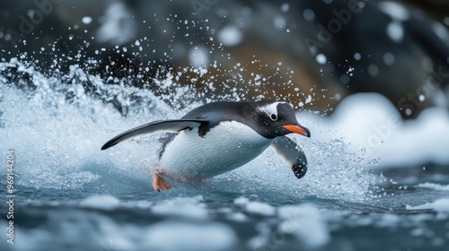 A penguin gracefully leaps through ocean waves, showcasing its agility and playful nature. photo