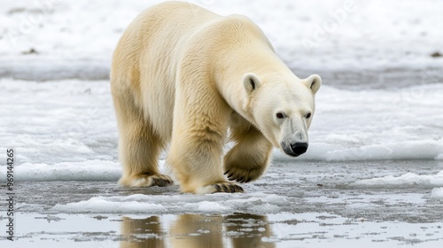 A polar bear walking on melting ice in its natural habitat.