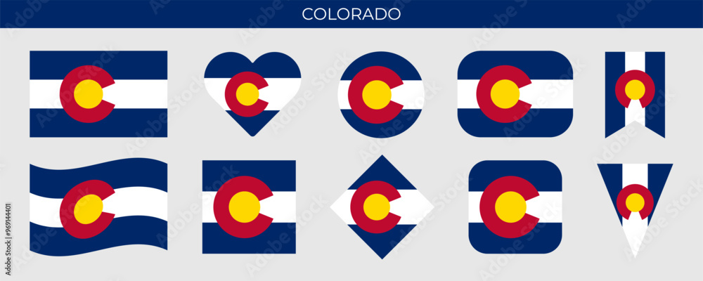 Fototapeta premium Colorado state flag set. American state flag of different shapes. Vector illustration isolated on white background