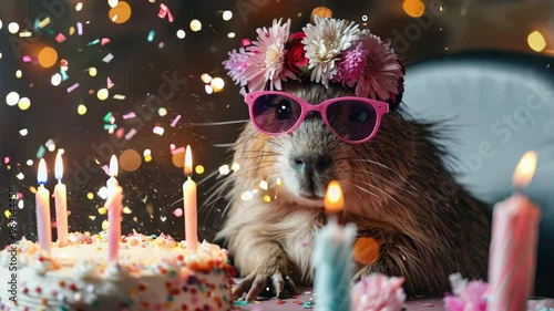 A capybara in pink glasses celebrates with a birthday cake and candles, surrounded by colorful decorations and confetti, creating a festive and adorable scene.