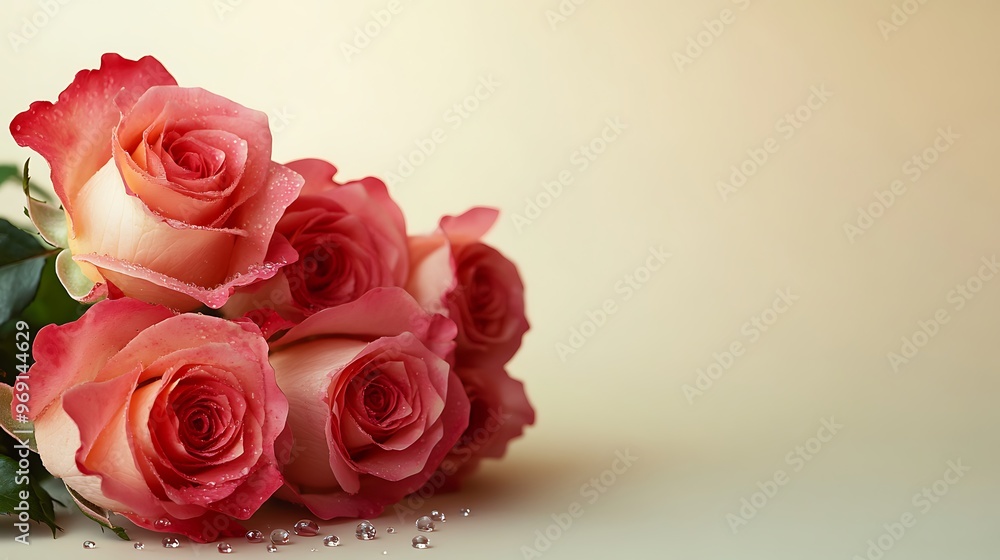 Elegant pink roses arranged on one side with dewdrops, placed on a light pastel background with ample space for clean and simple designs. Elegant pink roses arranged on one side with dewdrops, placed on a light pastel background with ample space for clean and simple designs.