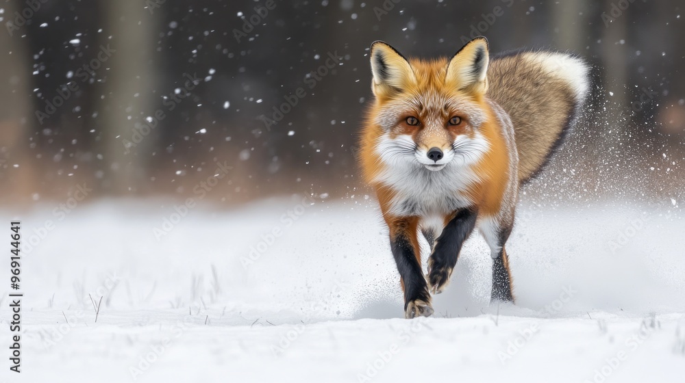 A red fox running through the snow, showcasing its vibrant fur and playful demeanor. A red fox running through the snow, showcasing its vibrant fur and playful demeanor.