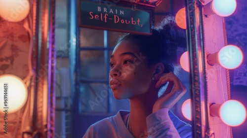 Obraz na płótnie A young woman gazes into a colorful mirror, reflecting a moment of self-doubt and contemplation. The vibrant lights create a warm atmosphere. w salonie