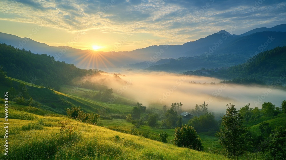 A serene sunrise over a misty valley, highlighting nature's beauty and tranquility. A serene sunrise over a misty valley, highlighting nature's beauty and tranquility.