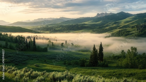 Wallpaper Mural A serene landscape with misty valleys, lush greenery, and distant mountains at sunrise. Torontodigital.ca