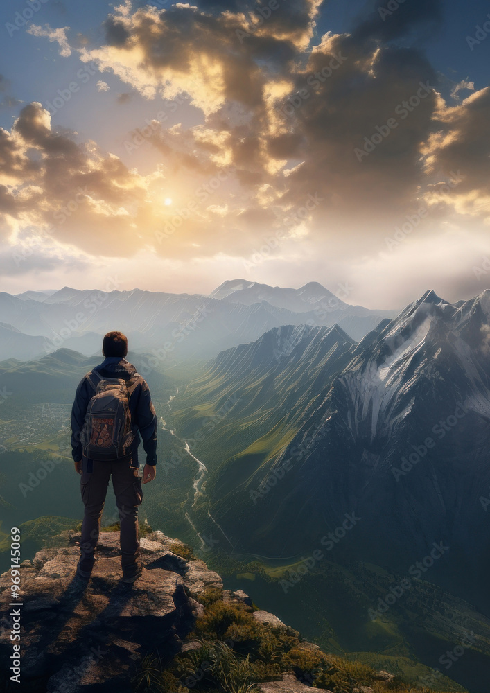 Photo of a backpacker on the top of the mountain. Photo of a backpacker on the top of the mountain.