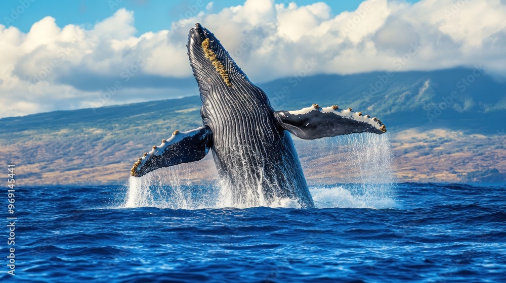 Fototapeta premium A humpback whale breaches the ocean's surface against a scenic backdrop.