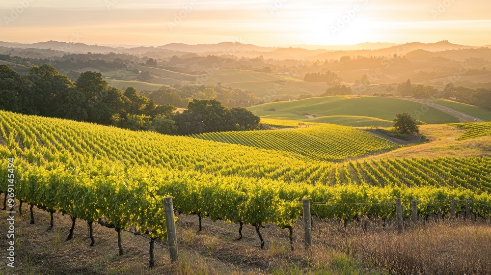 A serene vineyard landscape at sunset, showcasing lush grapevines and rolling hills. A serene vineyard landscape at sunset, showcasing lush grapevines and rolling hills.
