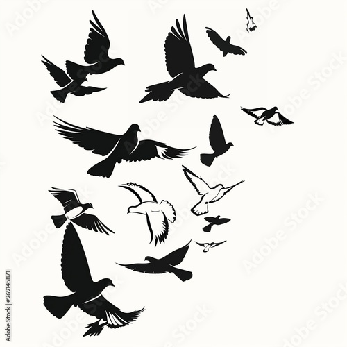 illustration: silhouette of flying birds doves on a white background. AI generation