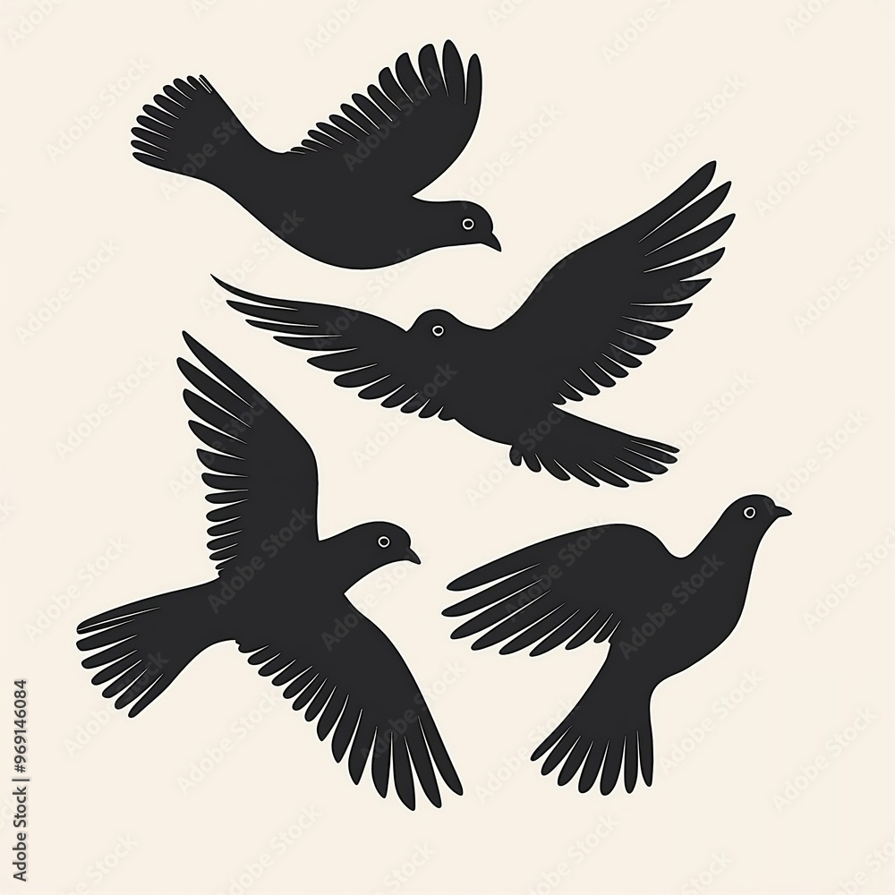 Fototapeta premium illustration: silhouette of flying birds doves on a white background. AI generation