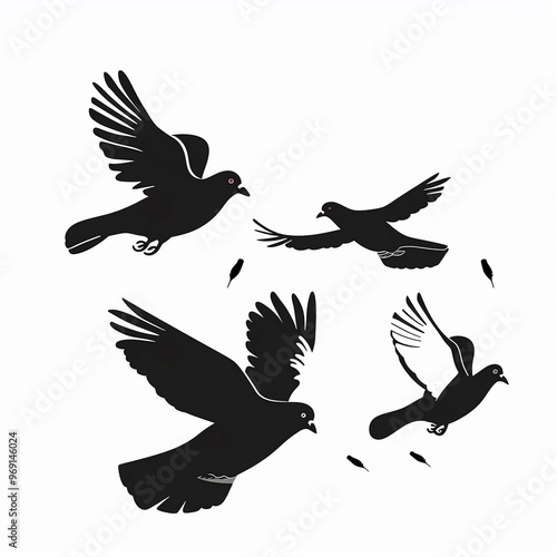 illustration: silhouette of flying birds doves on a white background. AI generation