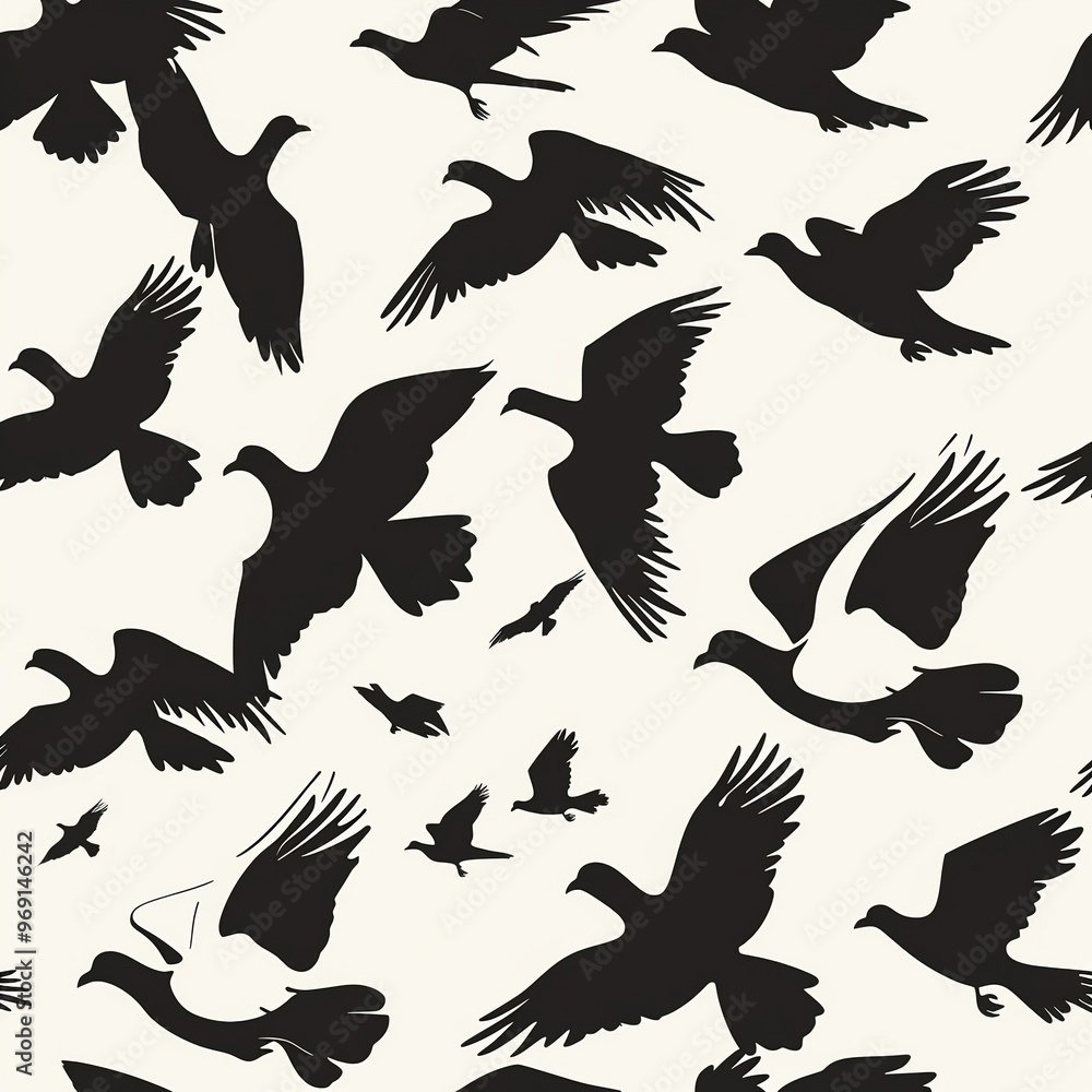 seamless pattern: silhouette of flying birds doves on a white background. AI generation seamless pattern: silhouette of flying birds doves on a white background. AI generation